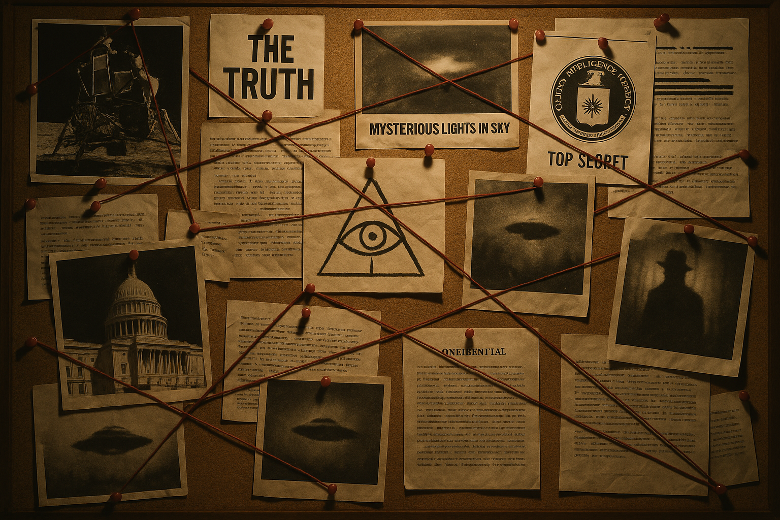 A shoe string map of conspiracy theories where they link yarn to thumbtacks on pictures and connect all the spirit.Concerns you theories together so like the moon landing the cia